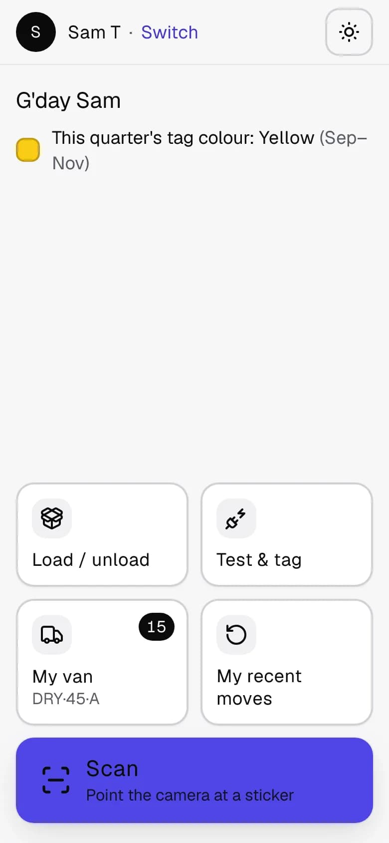 A staff member's phone: G'day Sam, this quarter's tag colour is yellow, and big buttons for Load or unload, Test & tag, My van and Scan.