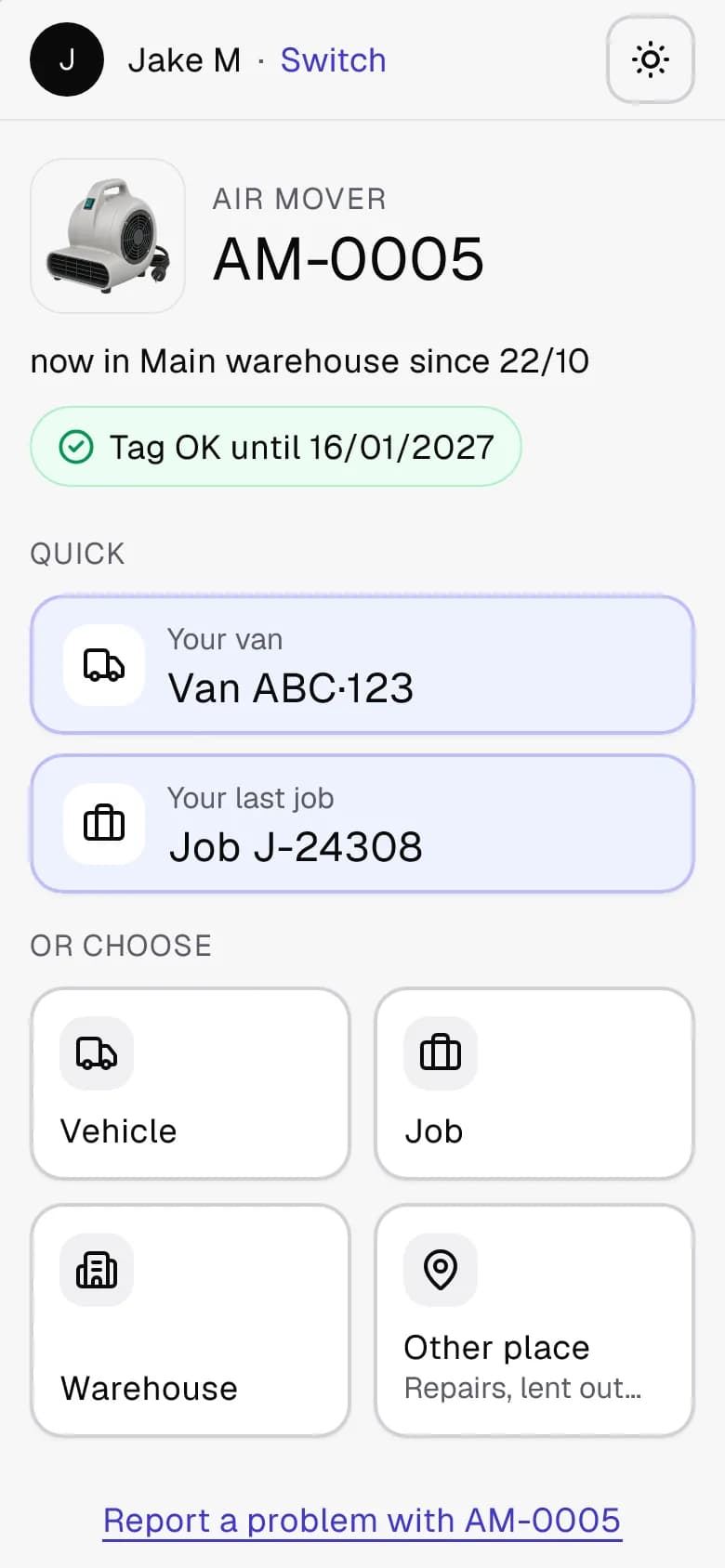 The phone after scanning an air mover's sticker: it's in the main warehouse, its tag is OK, and one tap moves it to your van or your last job.