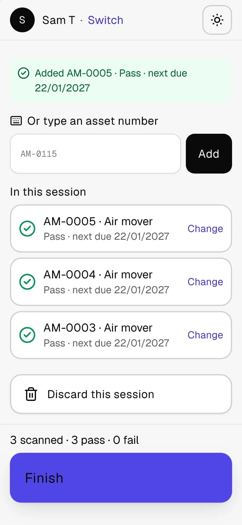 A test & tag session on a phone: three air movers scanned as they were tagged, each passed with its next due date, and a note confirming the last one was added.