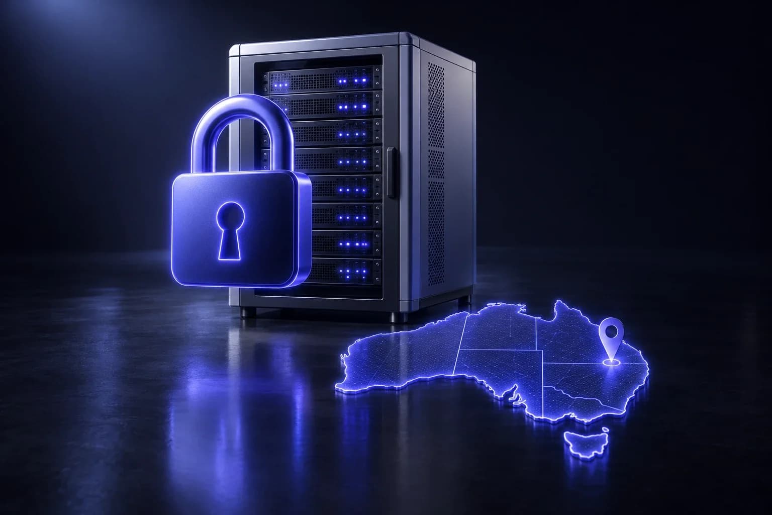 A locked server beside a glowing map of Australia