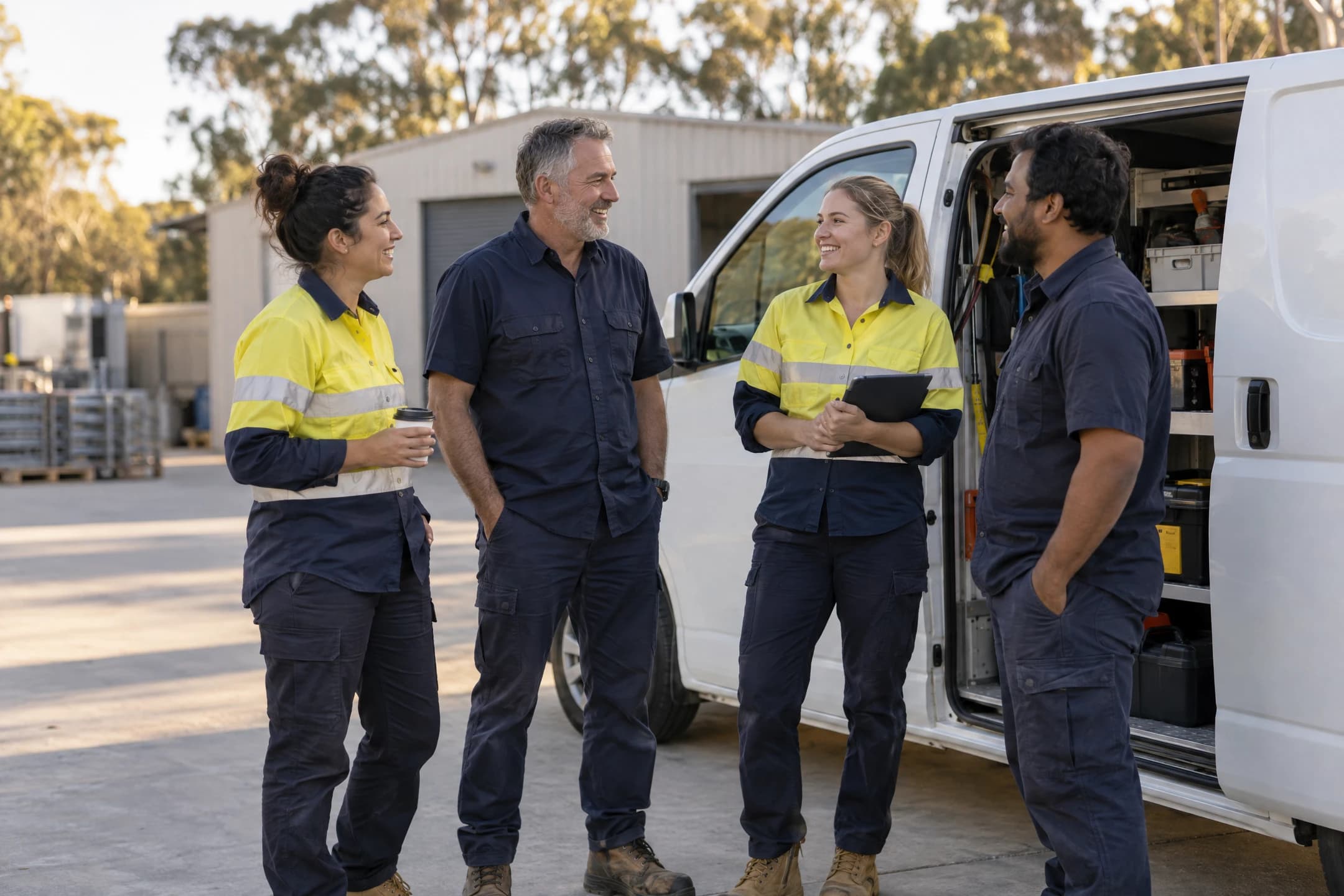 A small work crew chatting beside their van