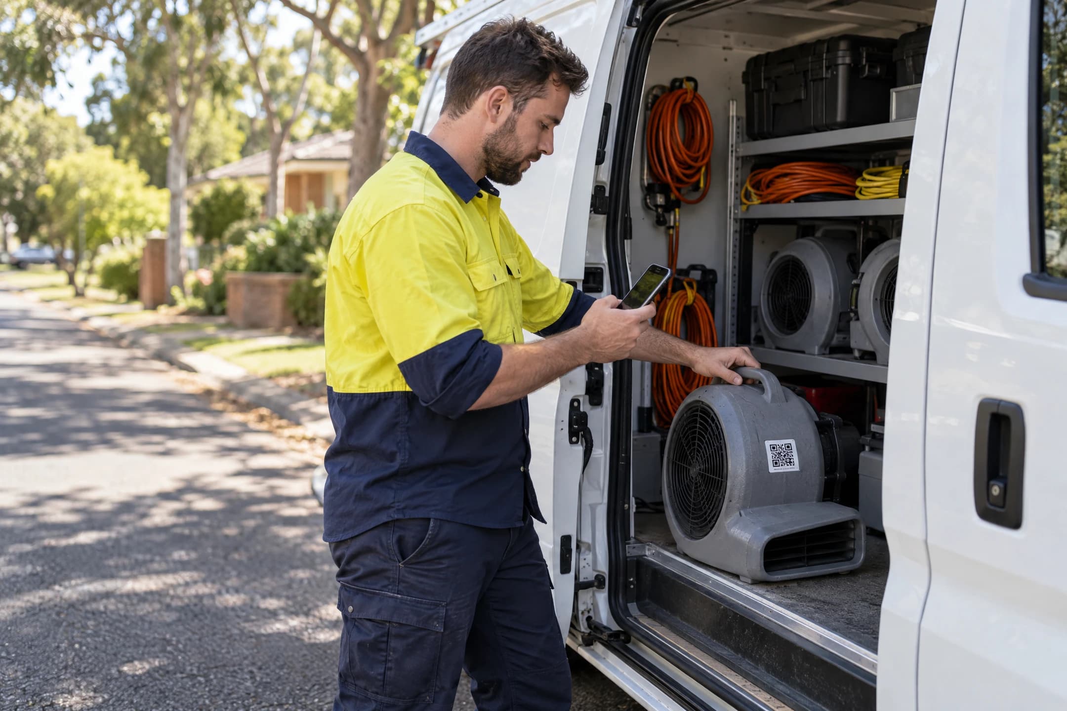 A tradie at an open work van scans the QR sticker on an air mover with a phone