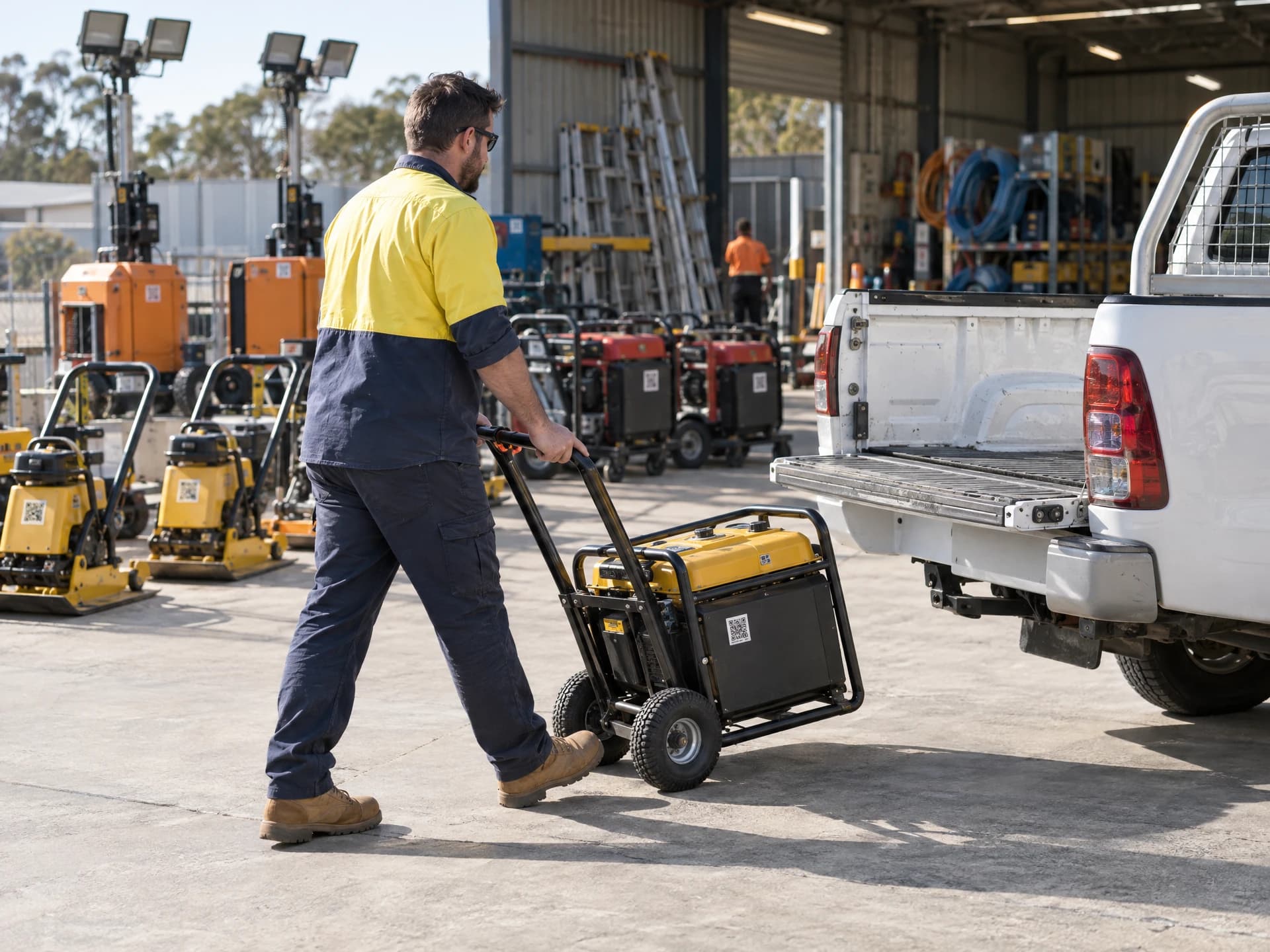 A hire yard worker wheels a generator past rows of hire gear