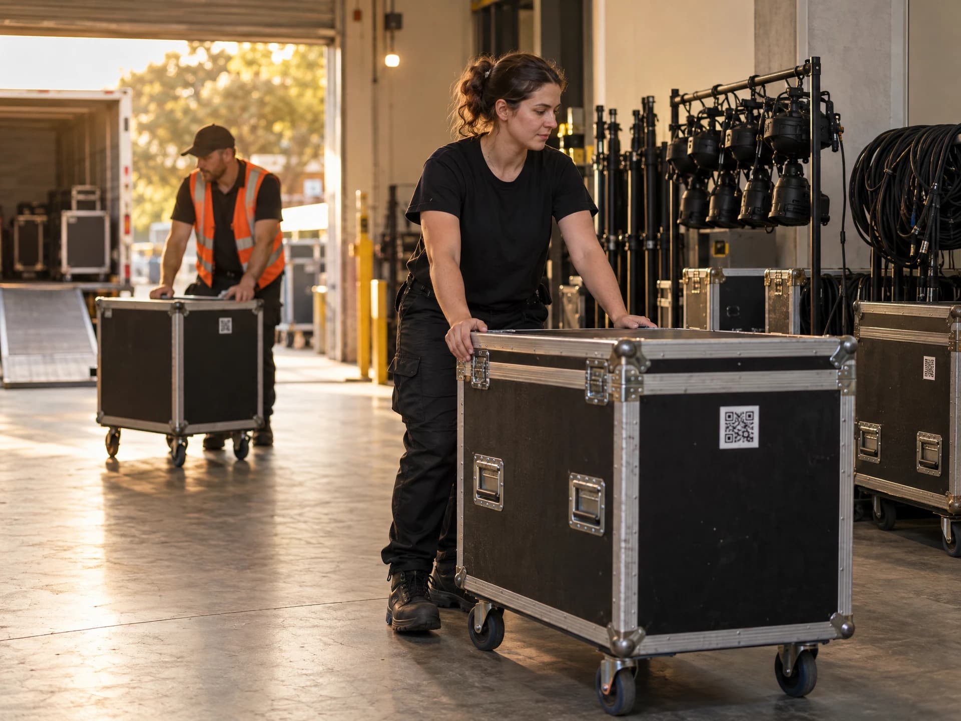 Event crew roll road cases through a venue loading dock
