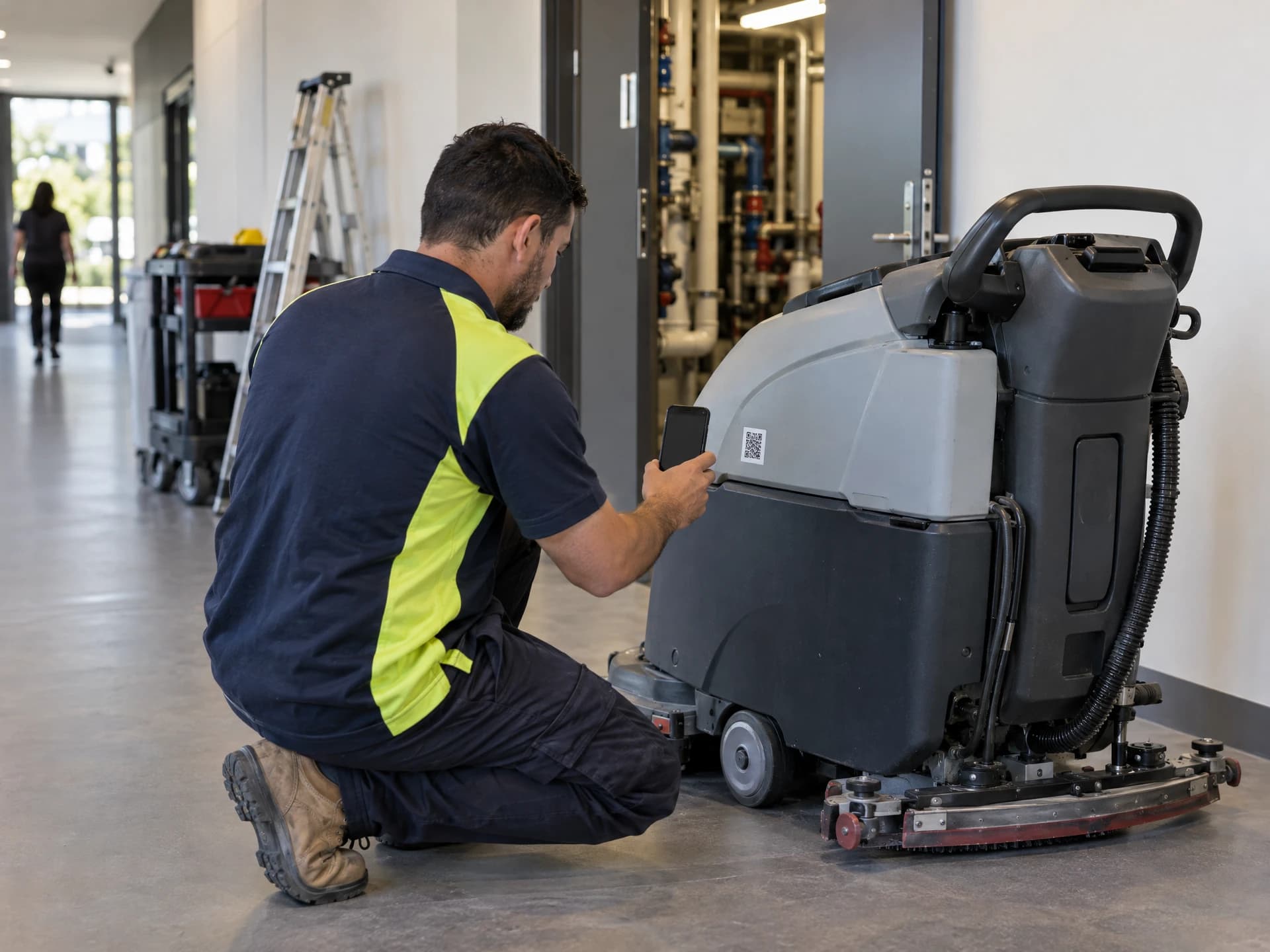 A facilities technician scans the sticker on a floor scrubber