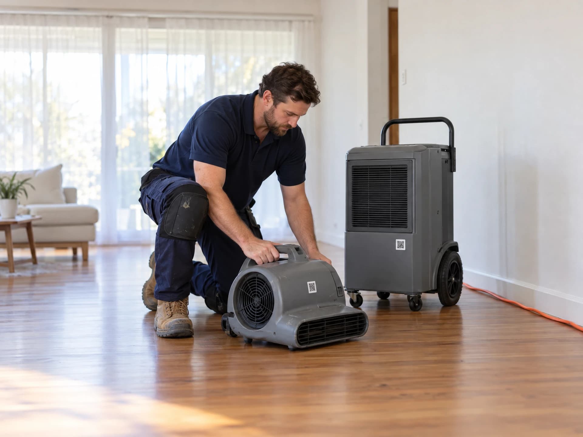 A technician sets up an air mover and a dehumidifier in a living room