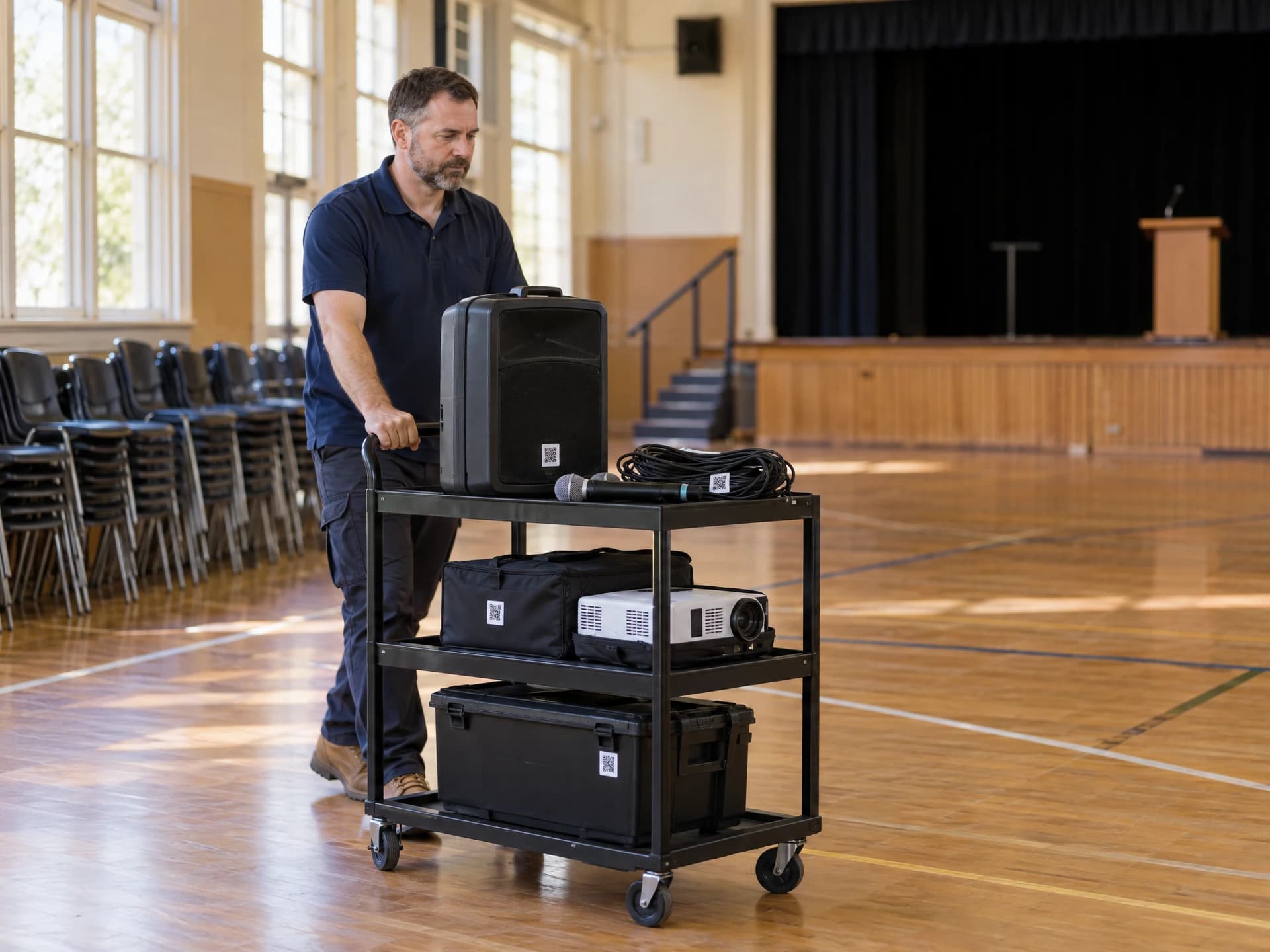 A staff member wheels a trolley of AV gear through a school hall