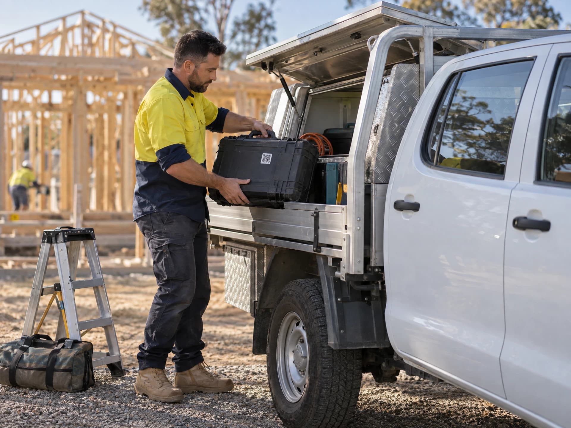 A tradie lifts a tool case from a ute on a building site