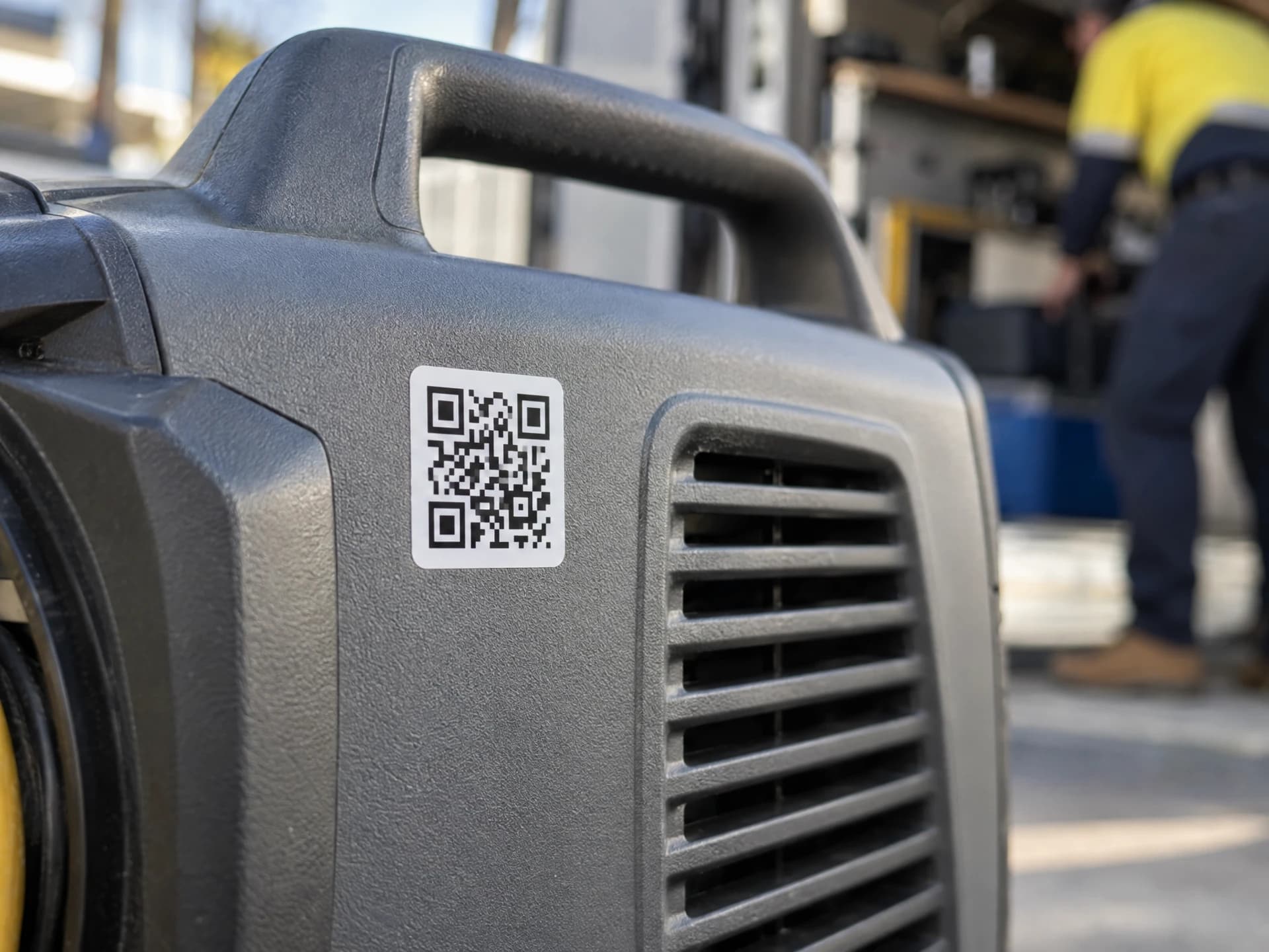Close-up of a weatherproof QR sticker on a piece of equipment