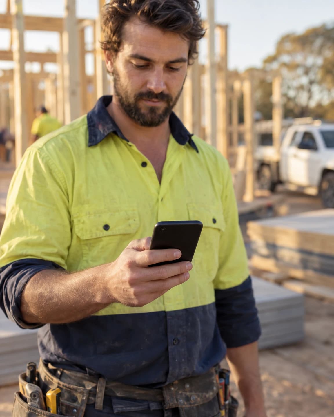 A worker on a building site checking a phone