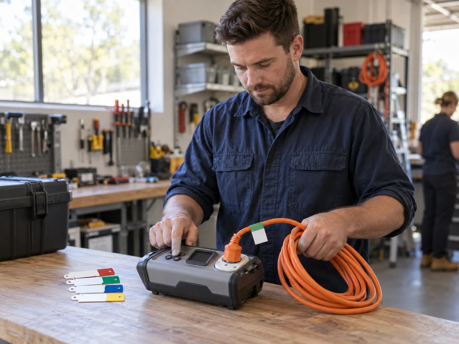 A technician tests an extension lead with a portable appliance tester, with coloured test tags on the bench