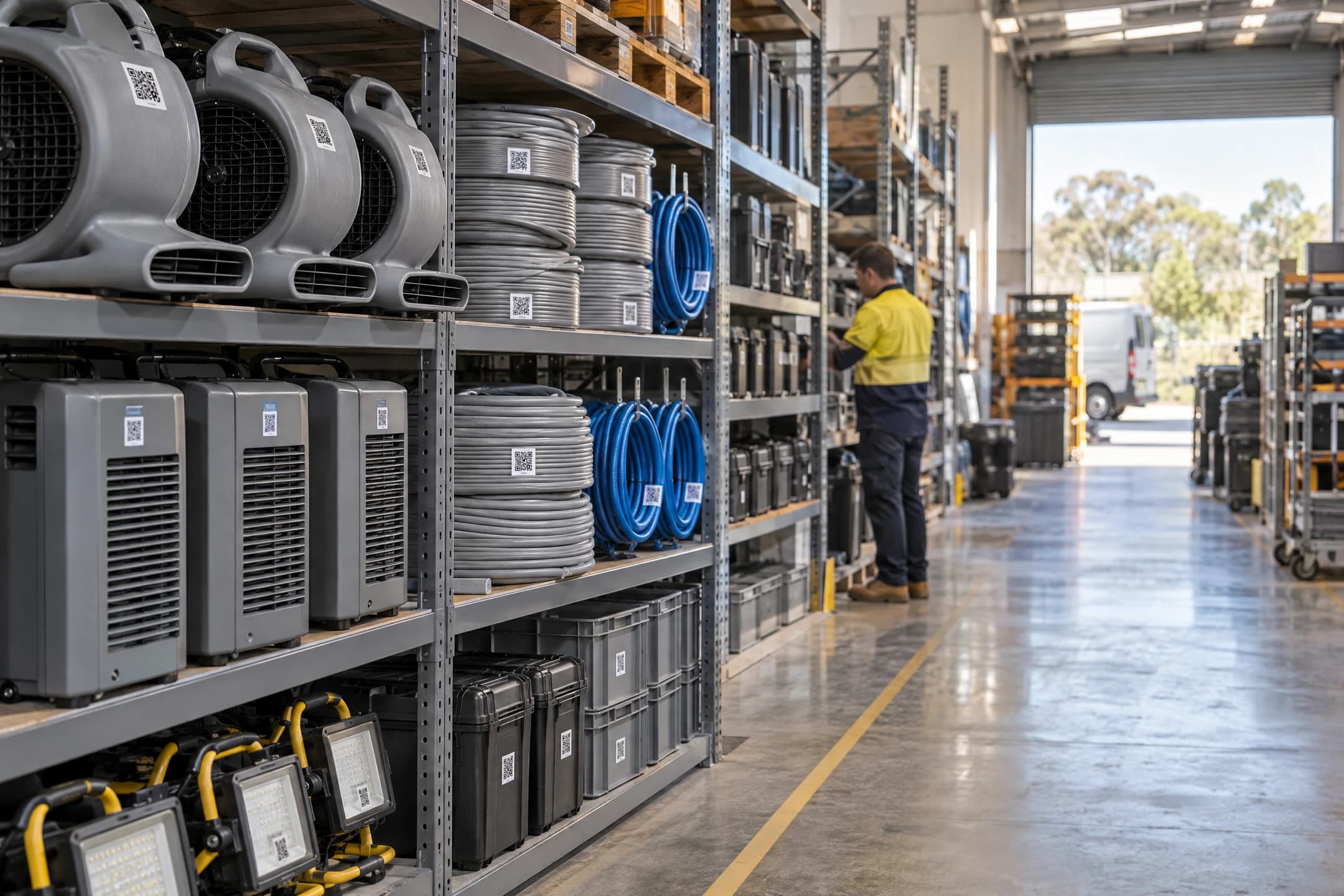 A tidy equipment store with labelled air movers, dehumidifiers and hoses on steel shelves